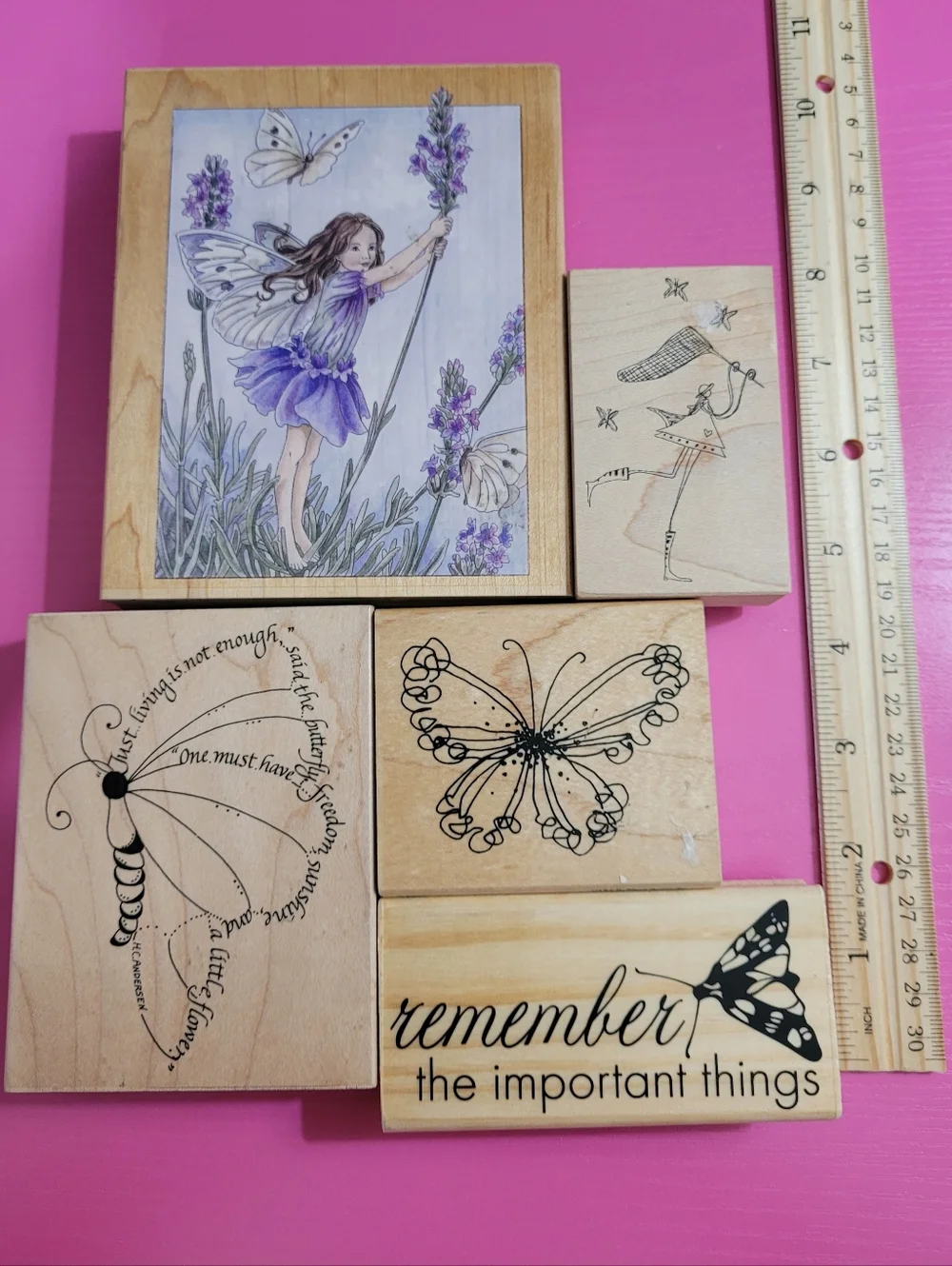Wooden Rubber Stamp Butterfly & Fairy Themed Stamp Bundle.  Set Of 5. (0725)